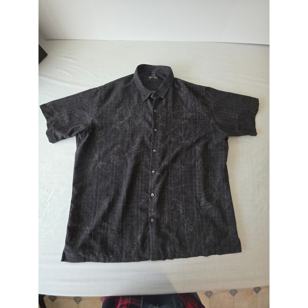 Button Down Tropical Palm Print Camp Shirt XXL Charcoal Grey Summer Resort - Picture 1 of 7